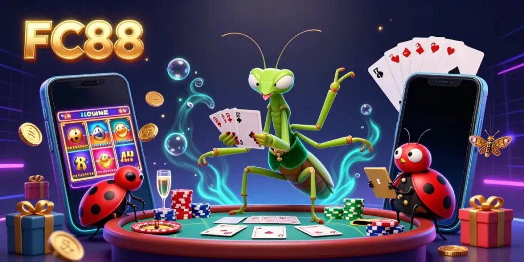 Experience the excitement at FC88 with a dynamic casino scene featuring a giant praying mantis card sharp and ladybug pit boss.