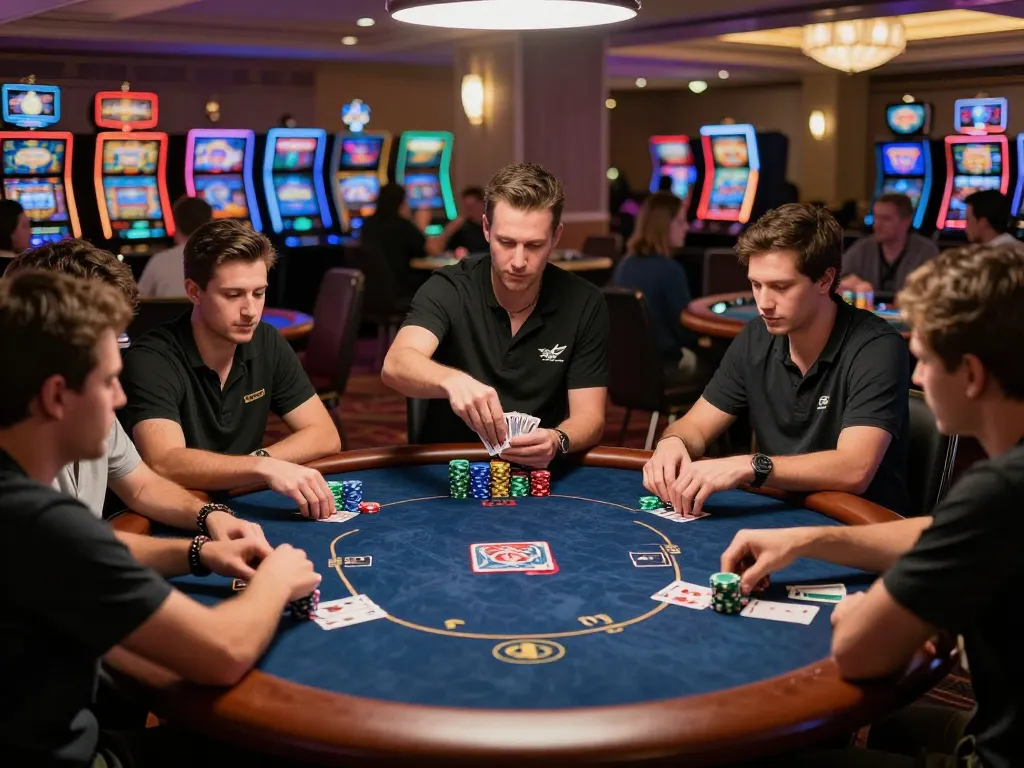Players engaging in a strategic poker match at a luxurious casino table, showcasing excitement and skill with SV368