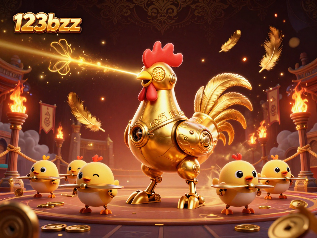 Engage with the 123bzz online casino featuring a golden rooster robot and baby chick drones amidst a vibrant gambling scene.
