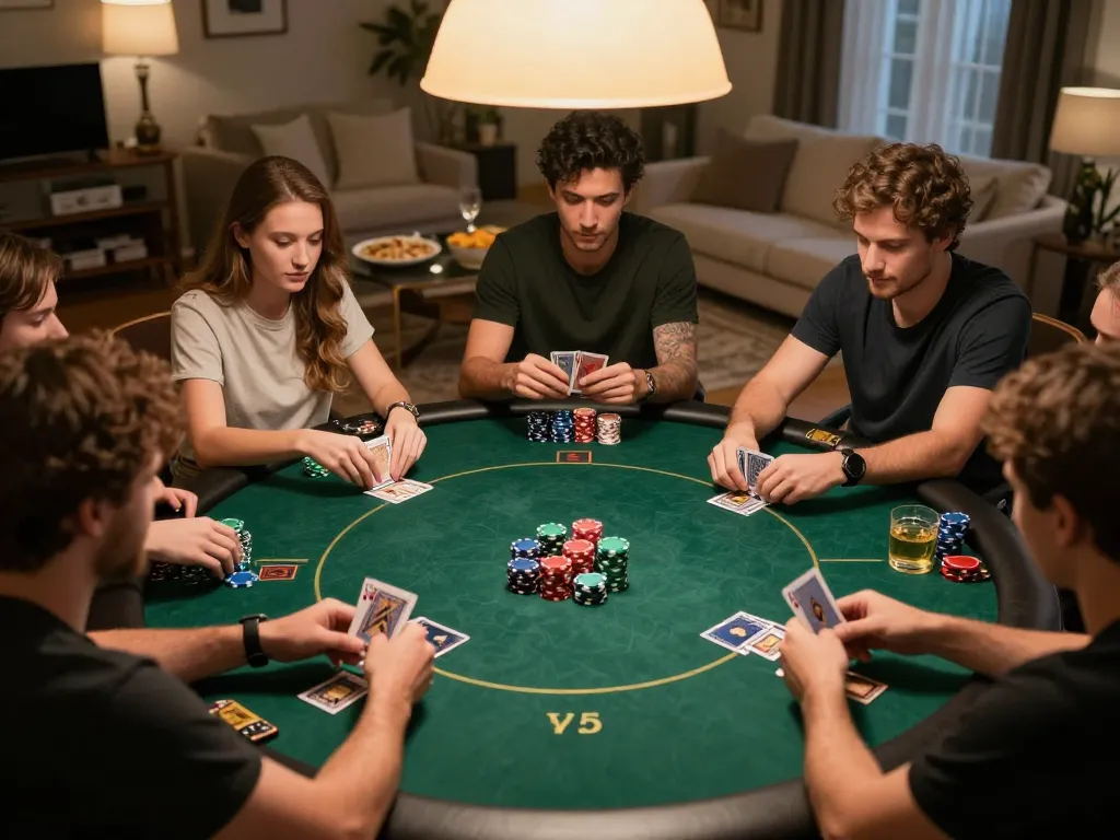 Friends enjoying an exciting poker game at home, showcasing strategic gameplay with 33win atmosphere and vibrant chips.