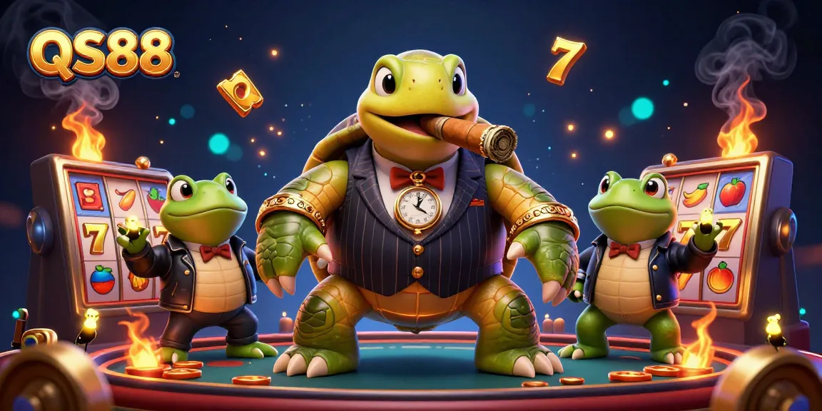 Experience thrilling QS88 jackpot action with a dynamic scene of casino characters and slot games.