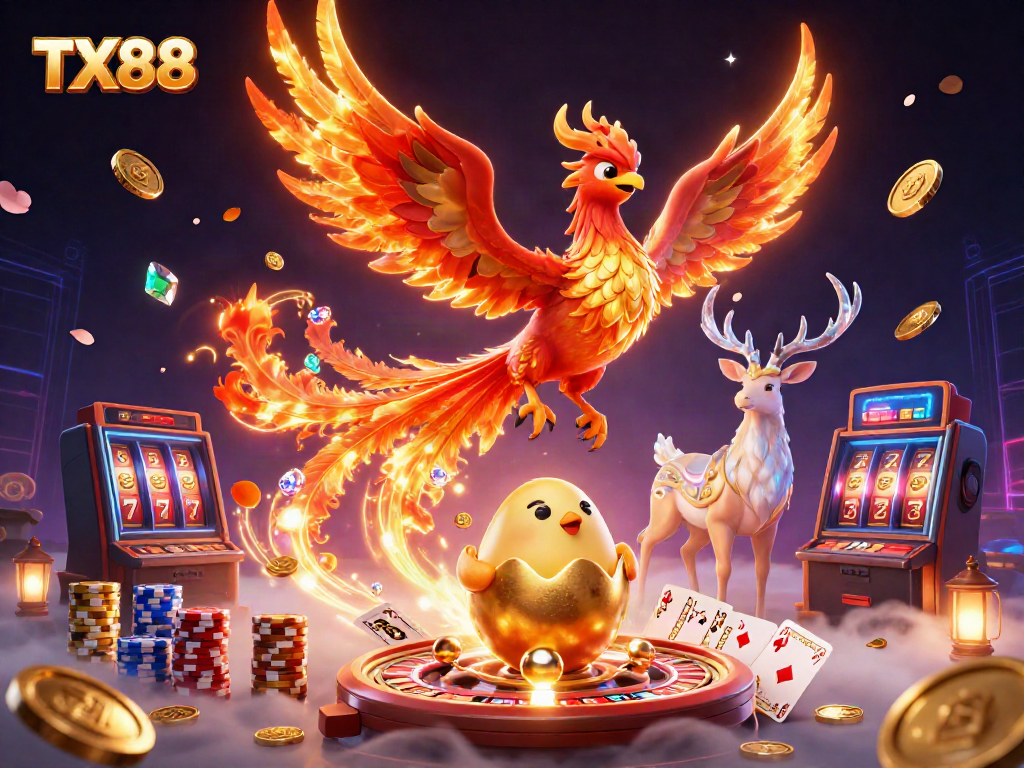 Experience the excitement of TX88 with a fiery phoenix and baby chick surrounded by golden coins, slots, and casino elements.