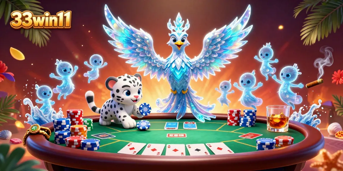 Experience thrilling gameplay at 33win11 with an ice phoenix, snow leopard cub, and vibrant poker elements.