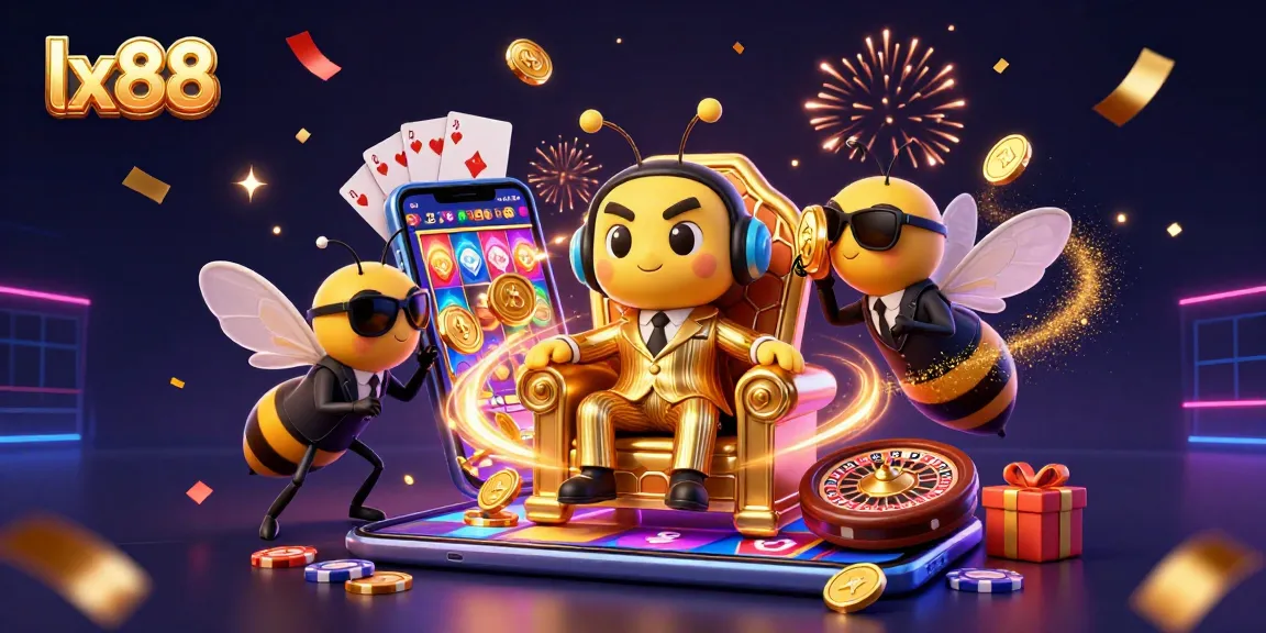 Win big with lx88 in a vibrant 3D casino scene featuring colorful games and lively characters.