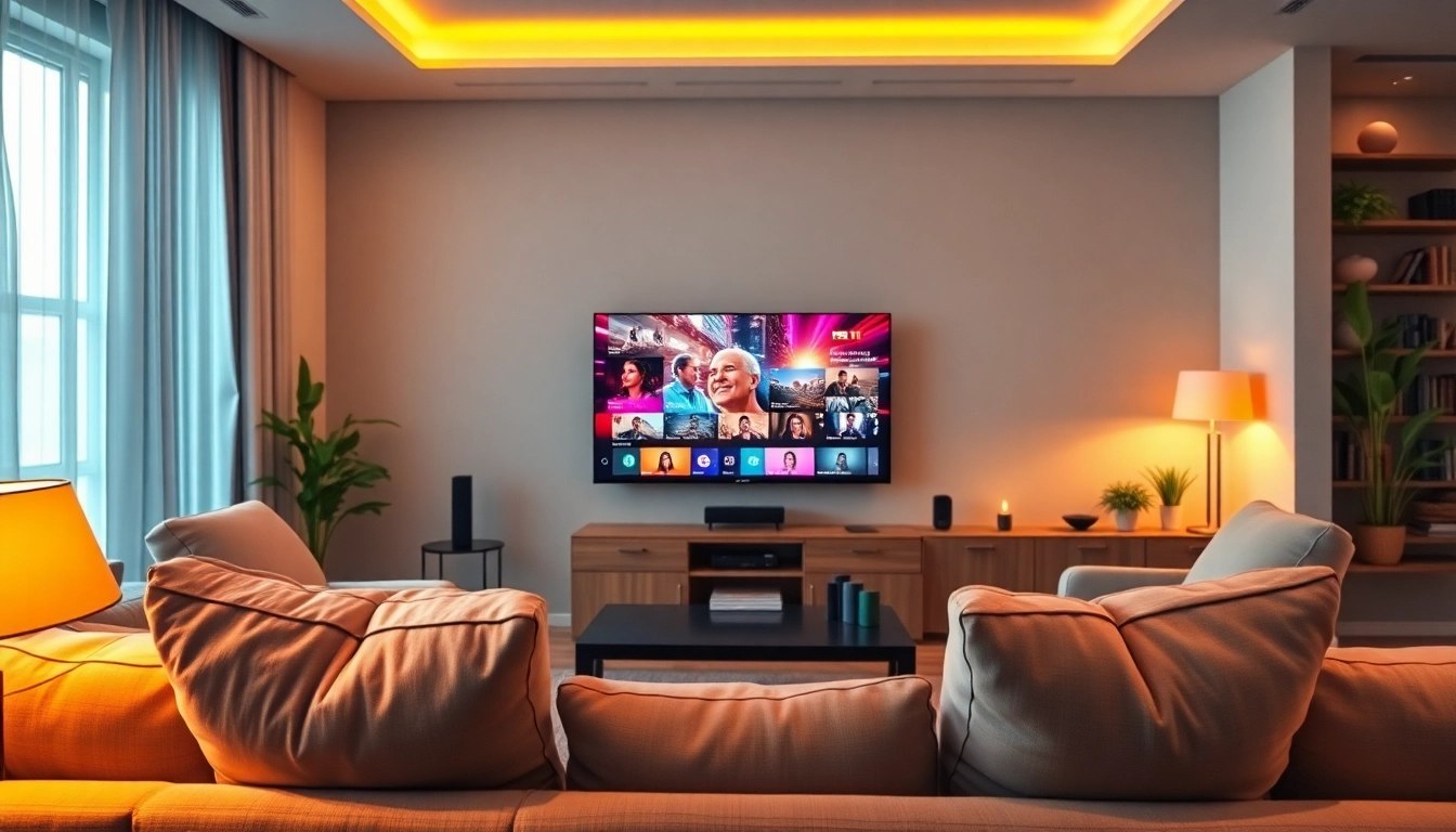 iptv kaufen für das moderne Wohnzimmer mit angenehmem Licht und komfortablen Möbeln.