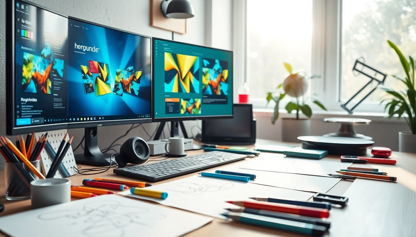 Grafikdesigner, der kreative Ansätze für medialen selbst gestalten an einem modernen Arbeitsplatz zeigt.