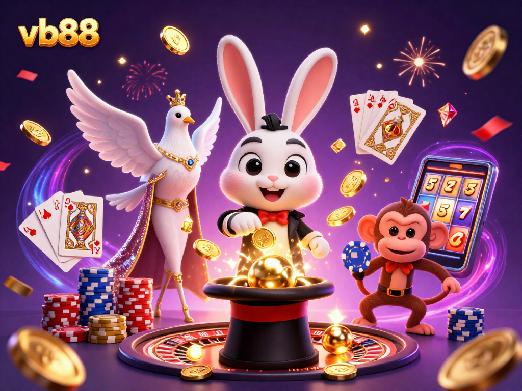 Experience thrilling gaming with vb88 in a vibrant casino scene featuring a magician rabbit.