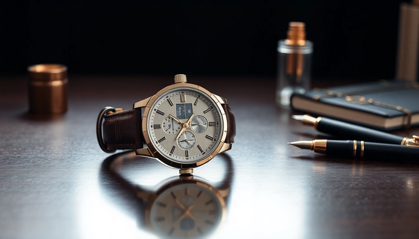 Orologi di lusso torino, elegante orologio in primo piano su un tavolo di legno lucido.