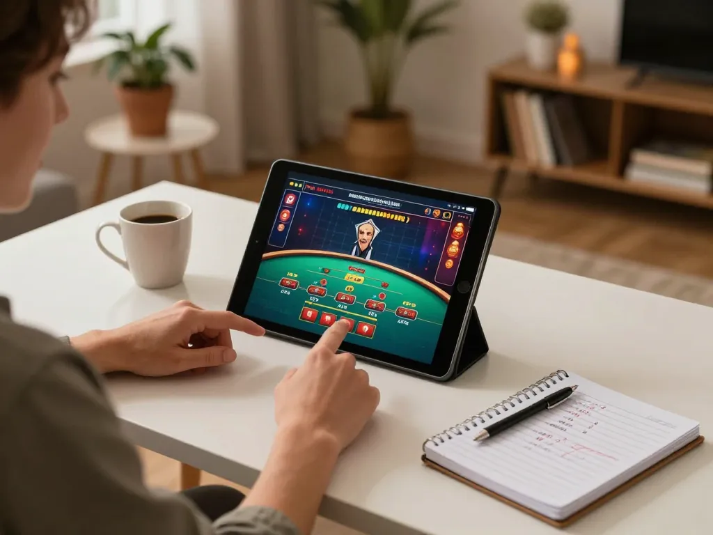 Engaging with nhà cái MM88 online on a tablet while enjoying a cozy home atmosphere with strategic notes.