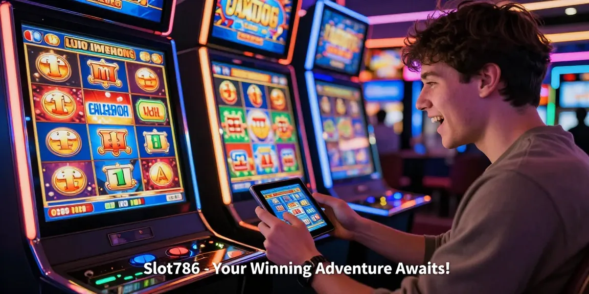 Pemain menikmati permainan Slot786 dengan perangkat mobile di suasana kasino virtual yang ceria.