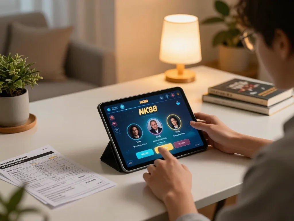 Engaging with NK88 link interface on a tablet, showcasing modern online gambling in a cozy home setting.