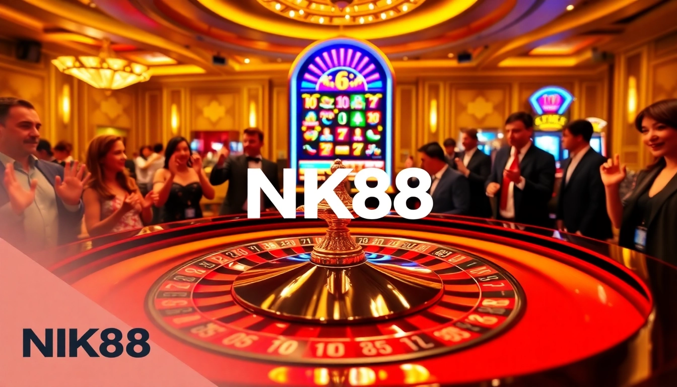Players enjoy the thrill of the NK88 casino with roulette and slot machines in action.