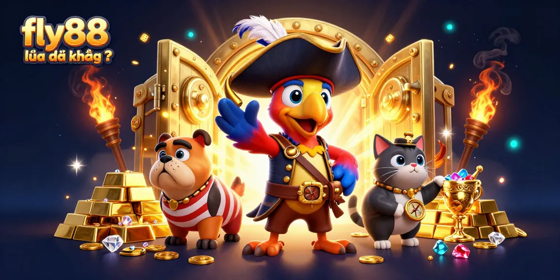Engaging scene depicting fly88 lừa đảo không ? with animated characters exploring treasure-filled casino.