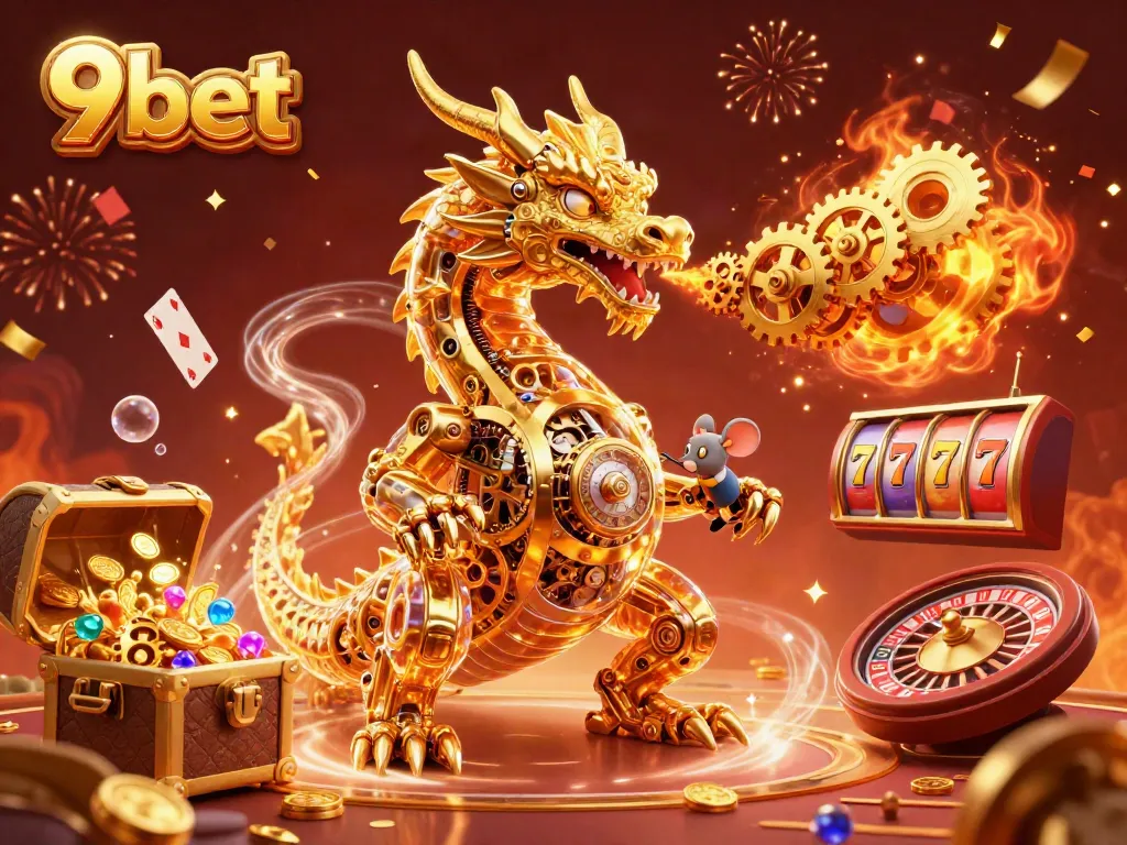 Experience thrilling wins at 9bet with a vibrant casino scene featuring a golden dragon.