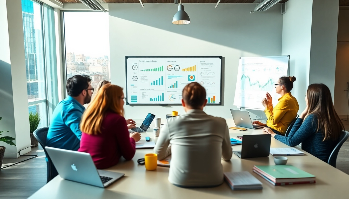 Online Marketing: Team brainstorming effective strategies in a bright office environment