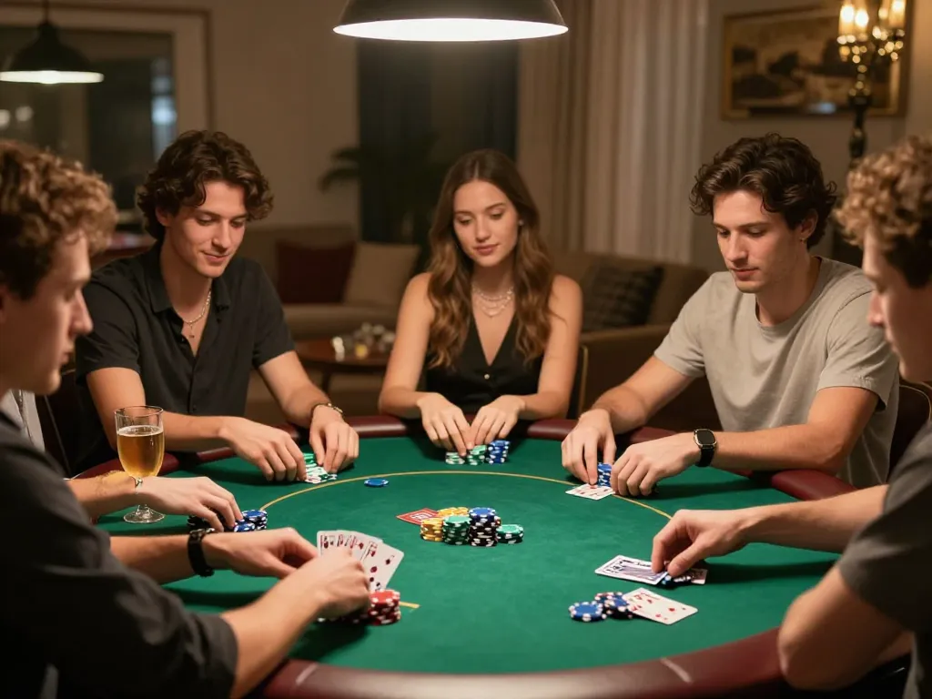 Engaged players enjoying game nổ hũ during a lively home poker night with warm lighting.