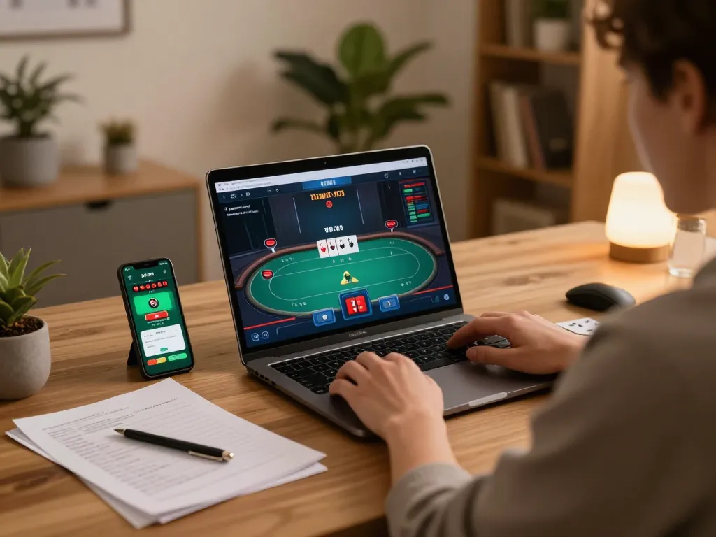 Player engaging in a strategic poker game on 789Club's online platform from a cozy home setup.