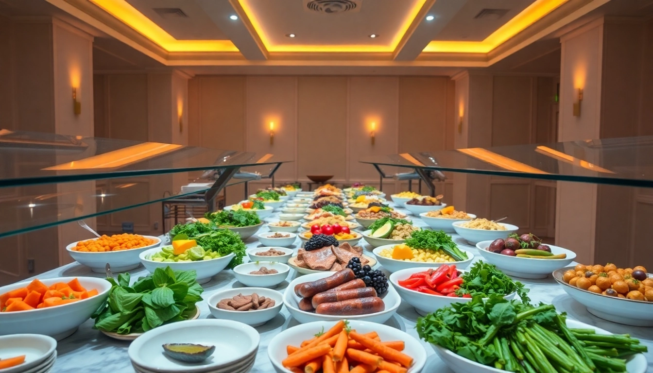 Catering buffet setup featuring a colorful array of fresh dishes to delight guests at events.