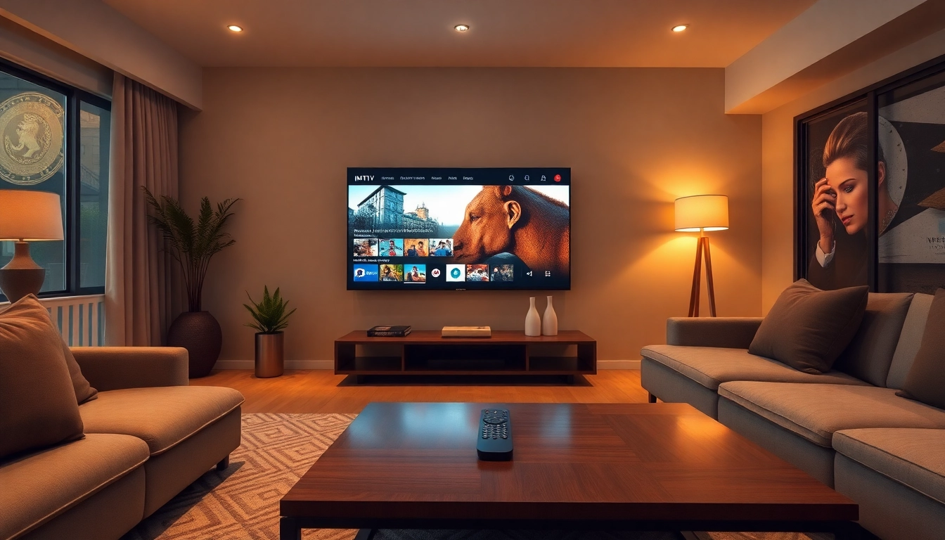 Enjoy IPTV kaufen in a cozy living room with modern decor and a large screen displaying channels.