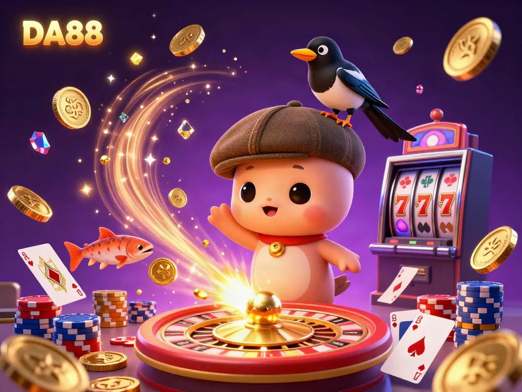 Experience winning with DA88 through a vibrant 3D illustration featuring charming casino elements.