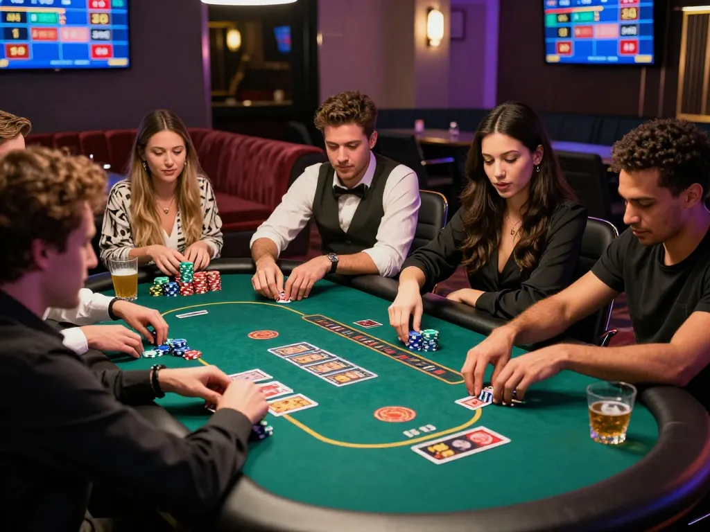 Exciting gambling scene at https://net88.wtf/ with friends engaged in a high-stakes card game in a lively casino lounge.