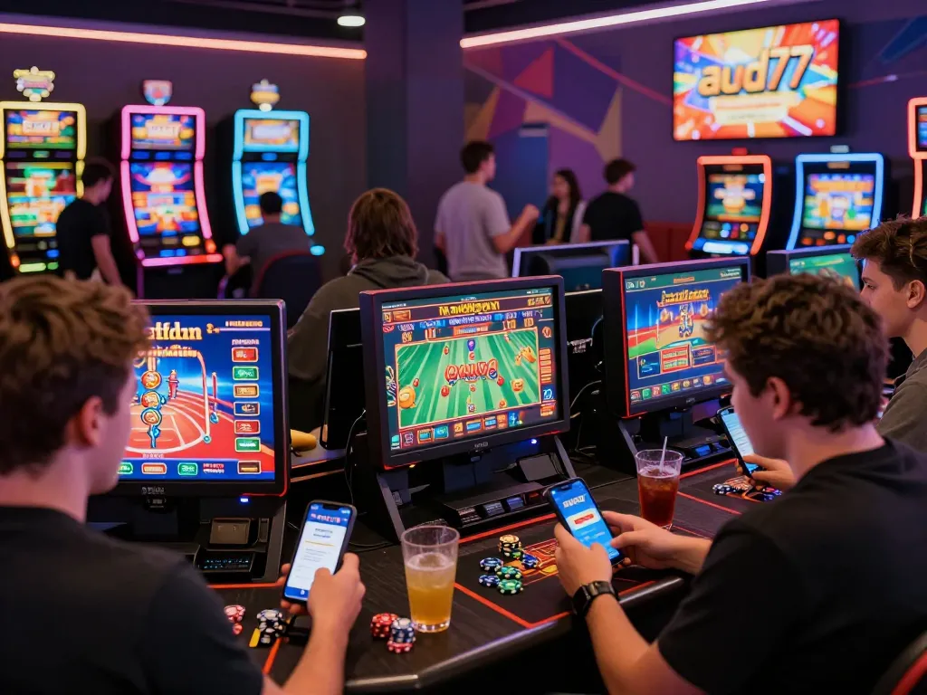 Players enjoying aud77 gaming experiences in a vibrant online casino setting.