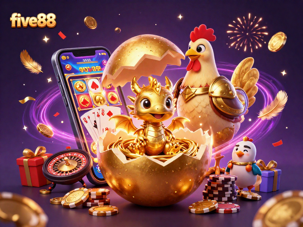 Experience the magic of five88 as the golden egg reveals a dragon amidst casino treasures.