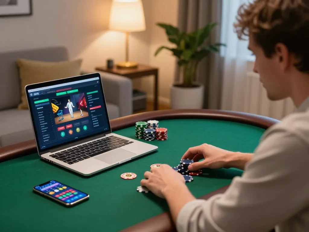 NoHu poker player skillfully managing chips and strategy on a laptop at home