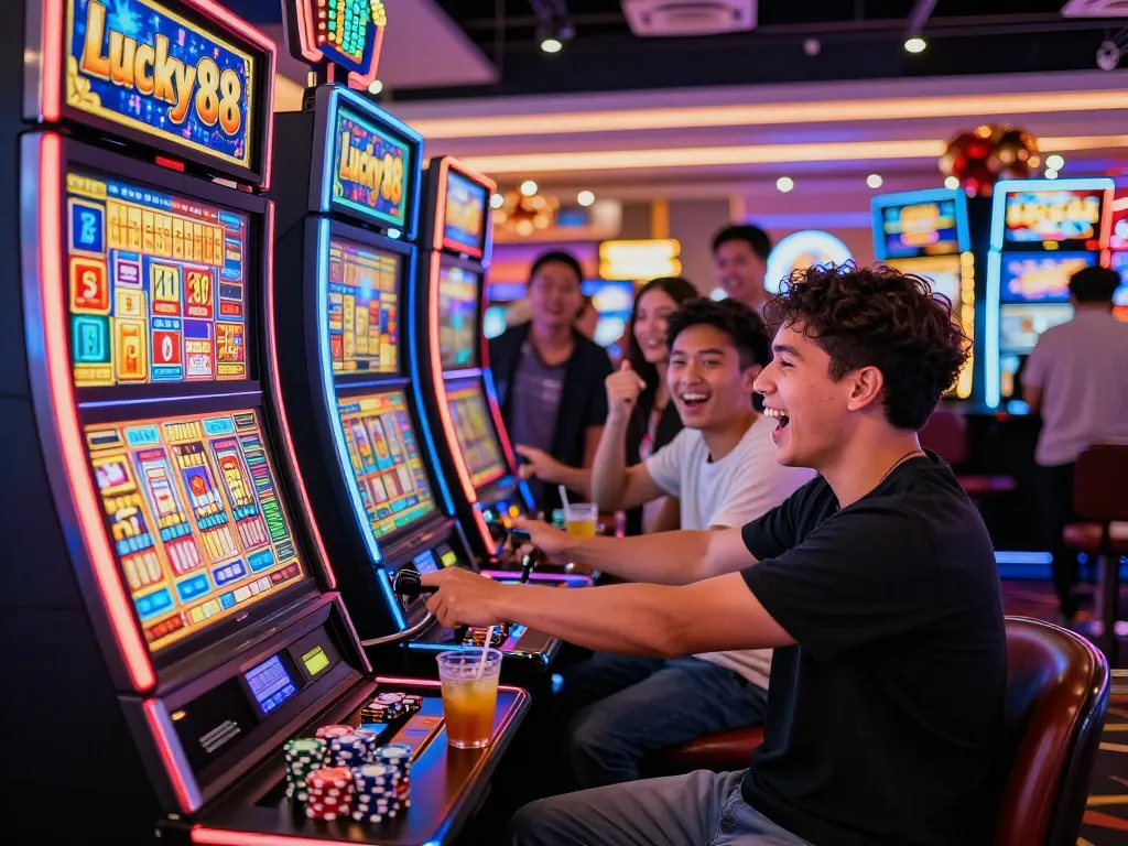 Excited player enjoying the Lucky 88 slot machine surrounded by friends in a lively casino.