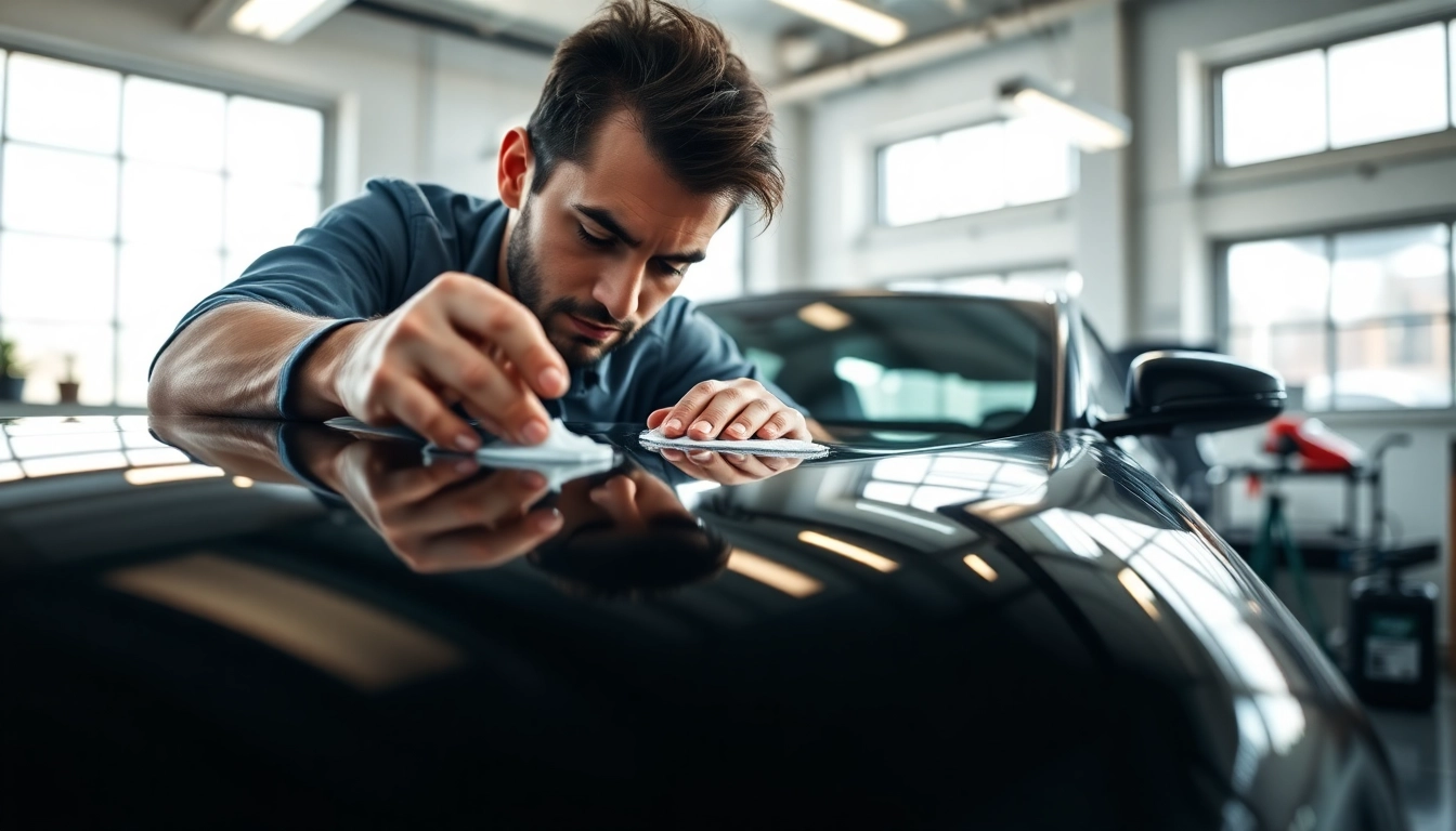 Fahrzeugaufbereitung: Techniker poliert ein luxuriöses Auto in einer stilvollen Garage.
