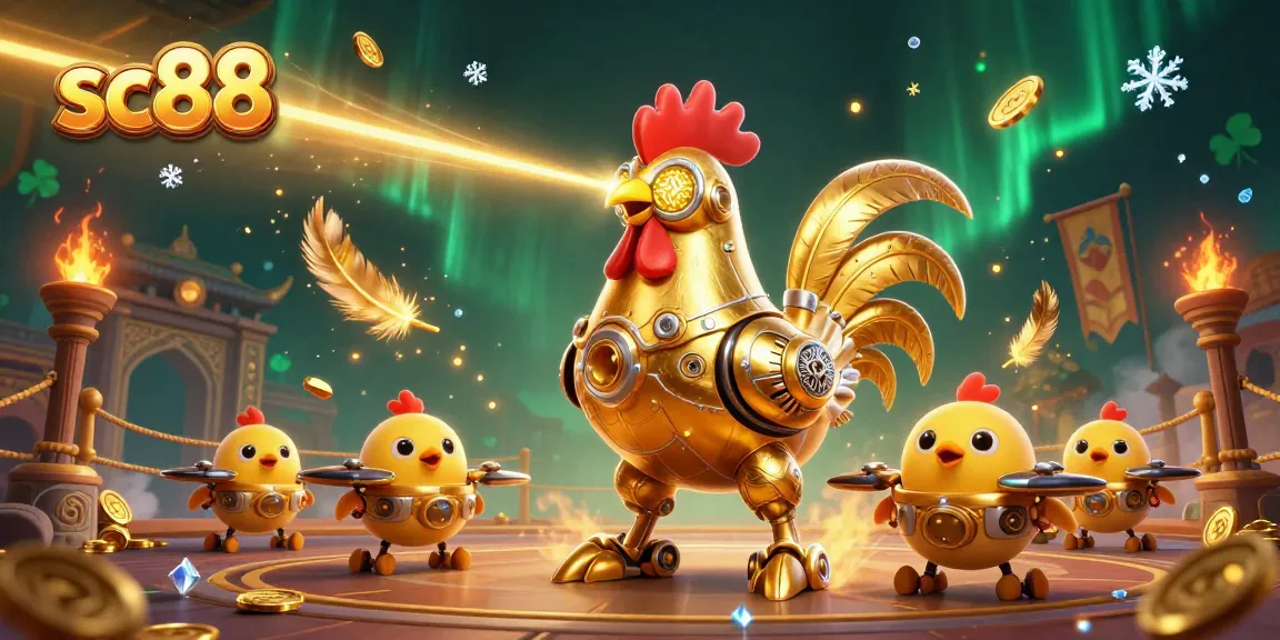 sc88 showcases a 3D golden rooster robot amid swirling golden feathers in a dynamic casino scene.