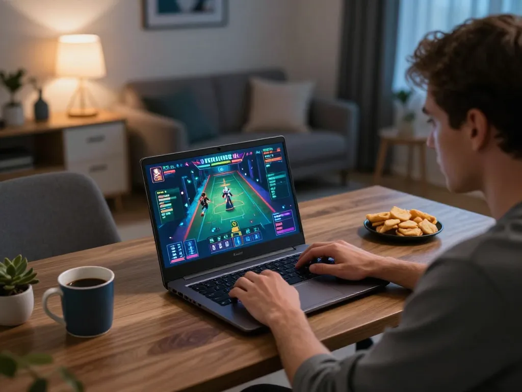 Engaging in online gaming on 888now with a laptop in a cozy home setup, analyzing strategies and enjoying the experience.