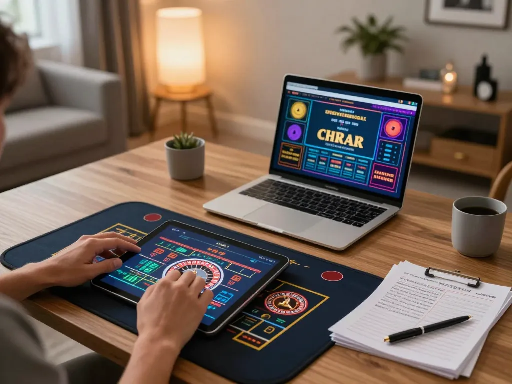 Engaging online gambling scene with person utilizing tr88 app on tablet for live roulette.