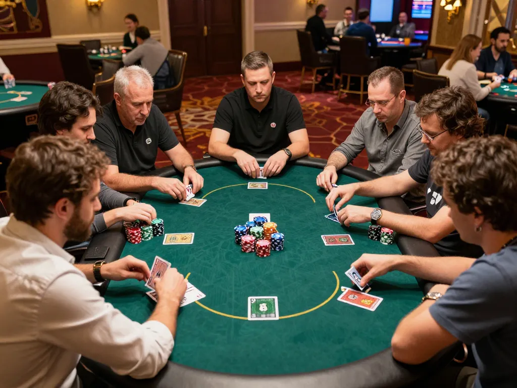 Players strategizing at a high-stakes poker table, showcasing 789winn’s thrilling casino atmosphere