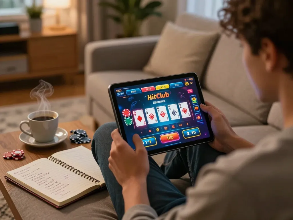 Engaged player using Hitclub app on tablet for online gambling, showcasing exciting gameplay.