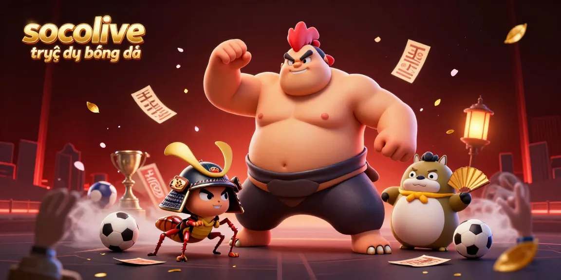 Socolive trực tiếp bóng đá scene vividly showcasing a dynamic sumo wrestler rooster, fierce cricket, and an announcer amidst sports elements like trophies and betting slips.