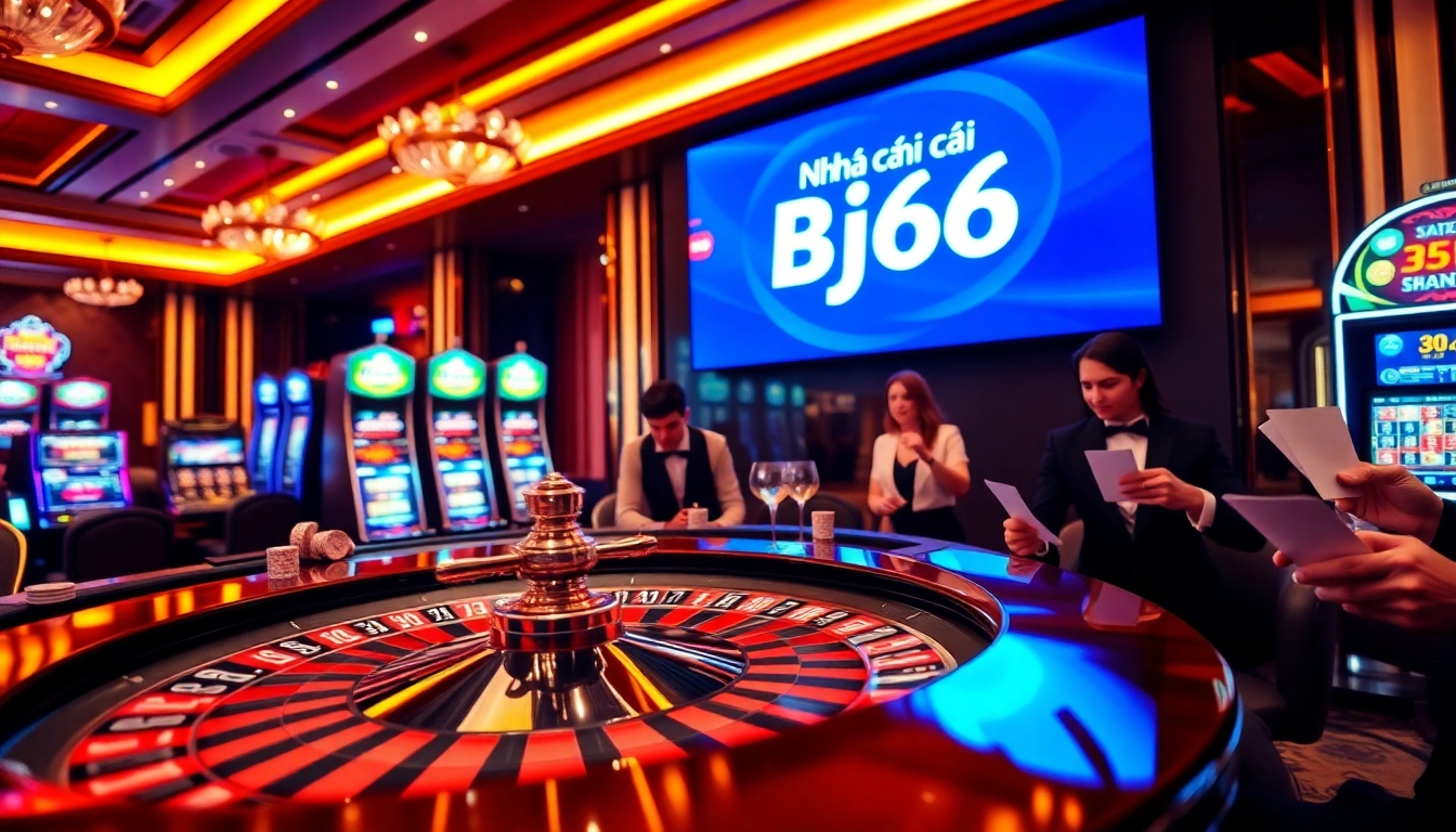 Players excitedly placing bets at the luxurious Nhà cái Bj66 casino table with vibrant slot machines.