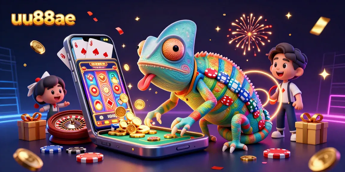 Engage with thrilling slots action at uu88ae as golden coins fly from a chameleon casino owner.