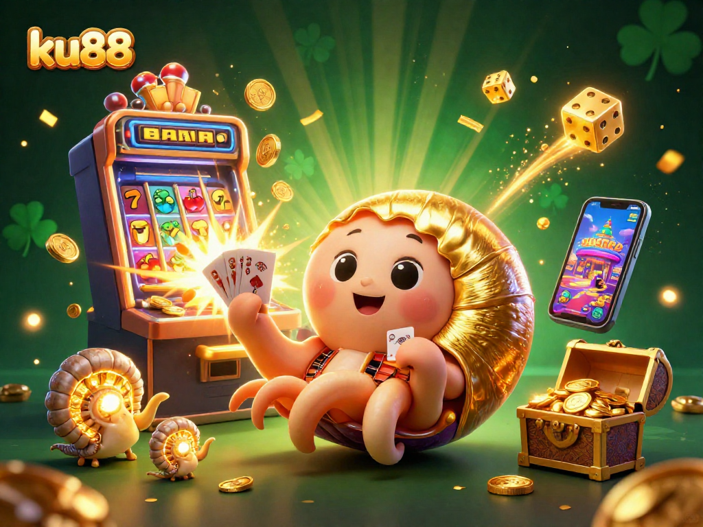 ku88 engages players with a colorful casino scene featuring a giant nautilus roulette wheel and jackpot elements.