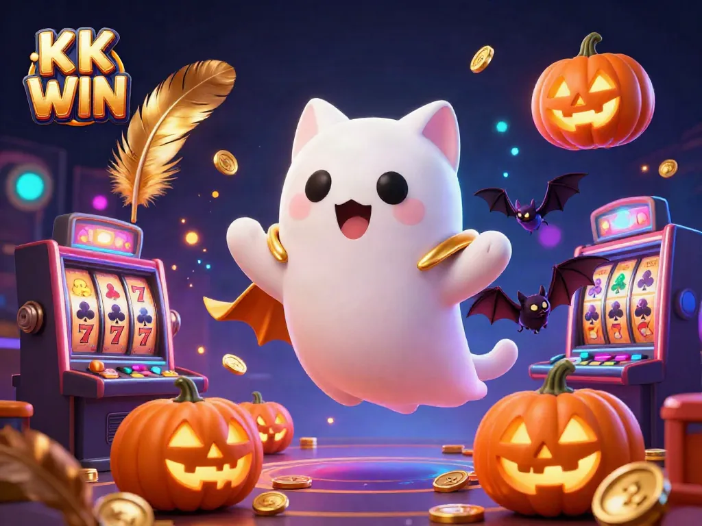 Engage in thrilling games at KK WIN, featuring a lively ghost cat and vibrant casino elements.