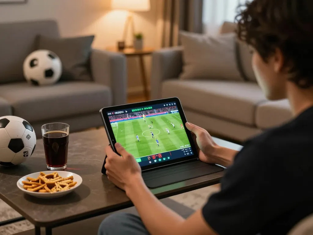 Experience the excitement of live sports betting on Xoilac by observing thrilling matches on a tablet with engaging commentary.