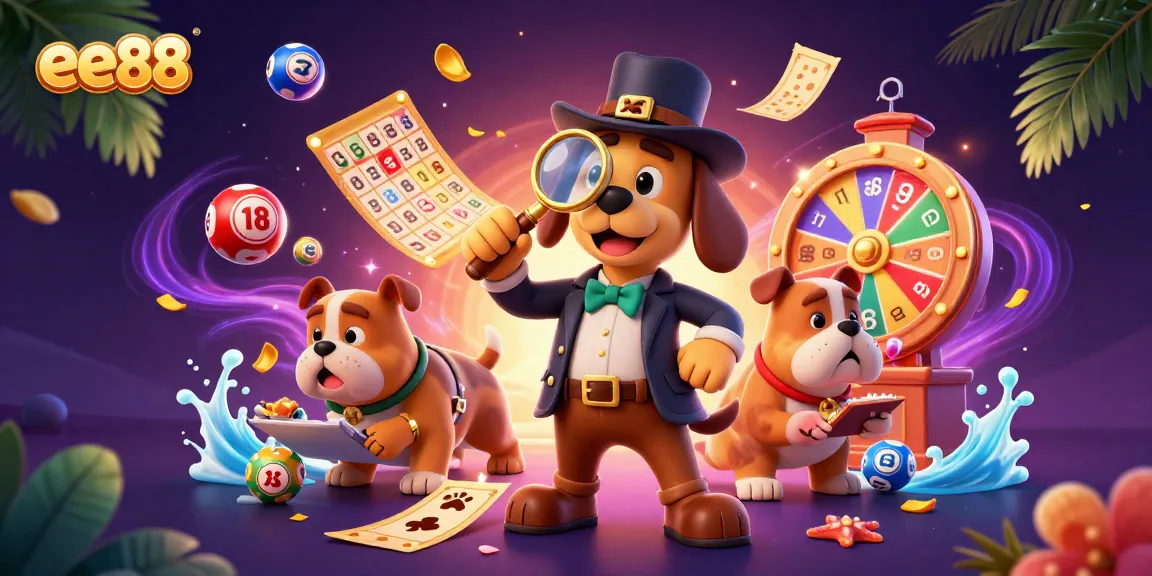 ee88 detective examining a golden poker chip in a vibrant casino scene with colorful elements.
