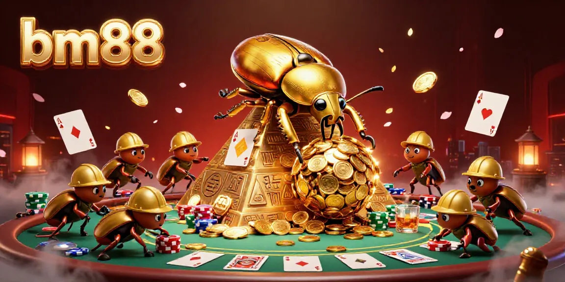 Experience the vibrant action of bm88 with a whimsical golden beetle scene filled with casino excitement.