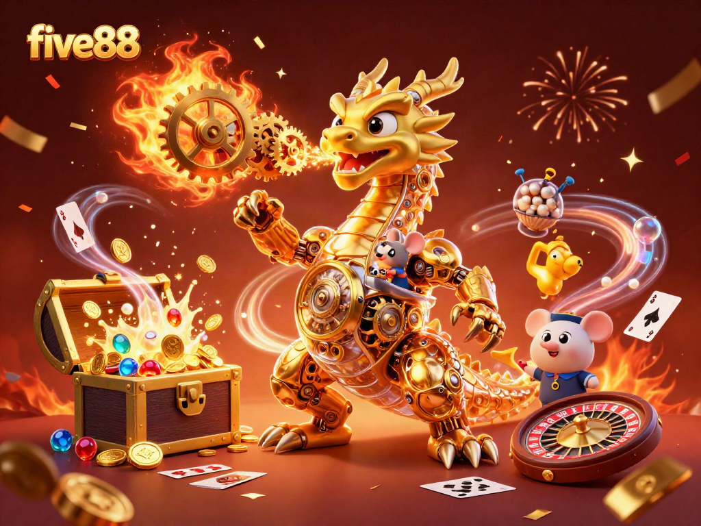 Experience the excitement of five88 with a dazzling casino scene featuring vibrant colors and dynamic elements.