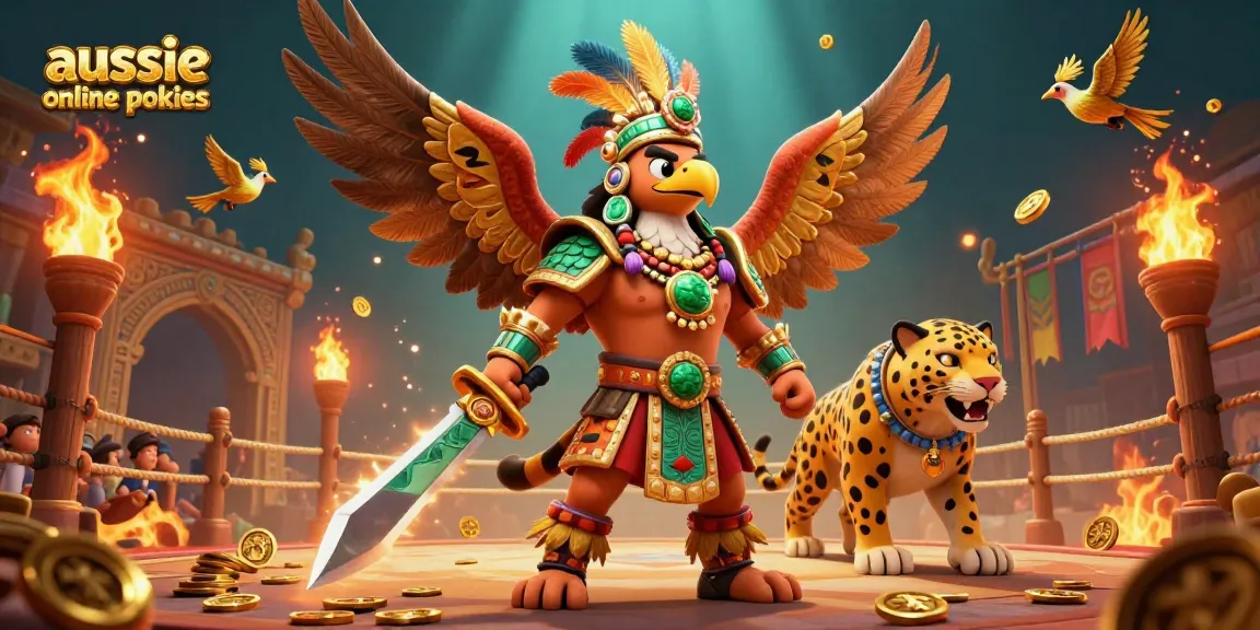 Aussie online pokies come to life in a vivid 3D scene featuring warrior characters and dynamic gambling elements.