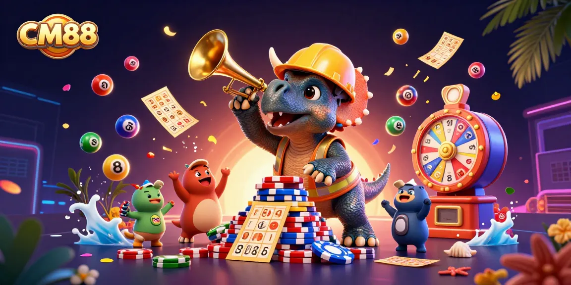 Players celebrate at CM88 with vibrant gaming elements and cheerful characters promoting online gambling excitement.