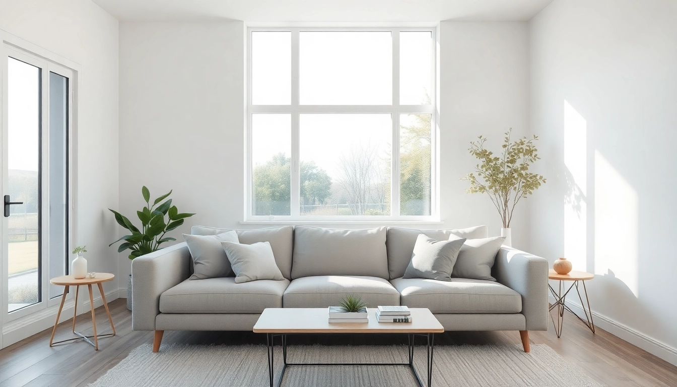 Moderne Raumgestaltung in einem eleganten Wohnzimmer mit natürlichem Licht und geschmackvollem Dekor.