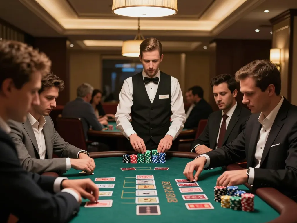 TR88 blackjack gameplay showcasing players focused on strategies and dealer managing chips.