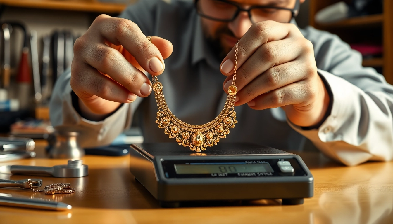Gold verkaufen: Ein Juwelier prüft eine goldene Halskette.