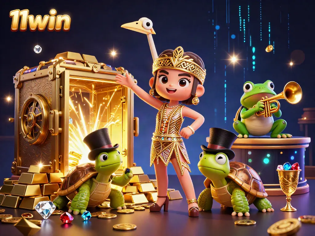 11win showcases exhilarating gambling experiences with vibrant characters and lavish casino elements in a stunning illustration.